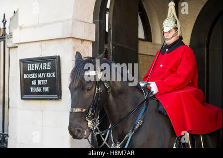 Londres - le 31 octobre 2016 Queen's Life : Canada Garde côtière canadienne de la Household Cavalry est assis sur son cheval dans une arche face à Whitehall. Banque D'Images