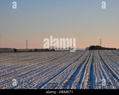 Paysage d'hiver à lignes électriques en arrière-plan Banque D'Images