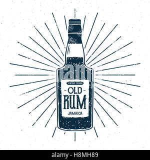 Bouteille de rhum Retro design de l'étiquette. L'alcool d'un insigne, typographie Vintage poster pour tee , t-shirt, des projets web. Grunge avec effets en détresse et star burst éléments. Isolé Banque D'Images