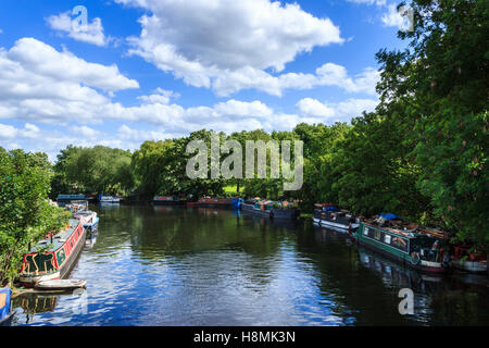 Vue en aval des bateaux étroits amarrés sur la rivière Leaat Upper Clapton, Londres, Royaume-Uni, Springfield Marina sur la gauche Banque D'Images