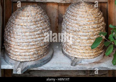 Une paire de paille tissée à l'abeille skeps Weald & Downland Museum, Singleton. Banque D'Images