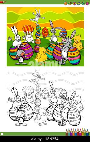 Cartoon Illustrations de lapins de Pâques avec des Œufs et des poulets Coloring Book Illustration de Vecteur