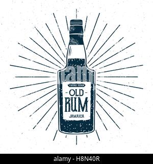 Bouteille de rhum Retro design de l'étiquette. L'alcool d'un insigne, typographie Vintage poster pour tee design, t-shirt, des projets web. Grunge avec effets en détresse et star burst éléments. Isolées. Illustration de Vecteur