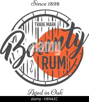 Vintage label artisanal, emblème avec vieux baril et vector sign - bounty rhum. Rempli de croquis de style. Design rétro pour la publicité, tee, t shirts imprimés. Isoler le blanc et forme rouge. Vecteur. Illustration de Vecteur