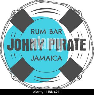 Vintage bar rhum artisanal, emblème de l'étiquette. Vector sign - johny pirate, la Jamaïque. Rempli de croquis de style. Pirate et symboles de la mer - vieille bouée de sauvetage. Isolé sur fond blanc. Vector illustration Illustration de Vecteur