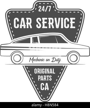 Vintage car la conception de l'étiquette de service. Emblème automobile voiture rétro en monochrome et typographie éléments. Bon pour le character design, estampes, un service de réparation, le logo de l'étiquette, d'un insigne. Vecteur. Illustration de Vecteur