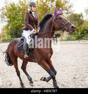 Jeune femelle cavalier au concours équestres. Close up image de la sportive sur le cheval Banque D'Images