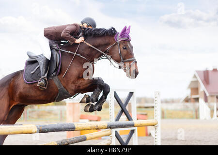 Jeune fille à cso. Horse Rider sauts sur obstacle Banque D'Images