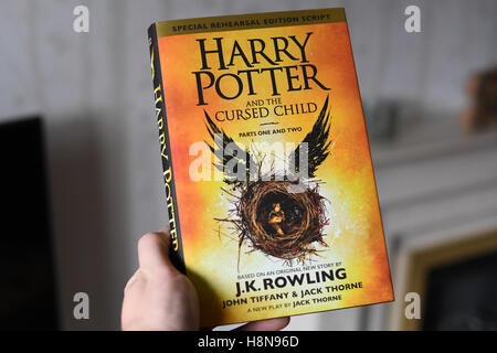 Le nouveau livre Harry Potter et l'enfant maudit, répétition spéciale Script Edition Les parties 1 et 2, le livre se tient dans une main Le mans Banque D'Images