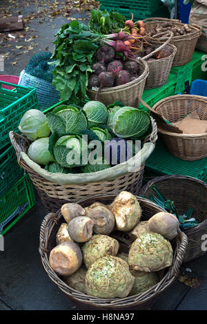 Choux bio, betteraves, navets et céleri-rave pour la vente du marché agricole à Édimbourg, Écosse, Royaume-Uni. Banque D'Images