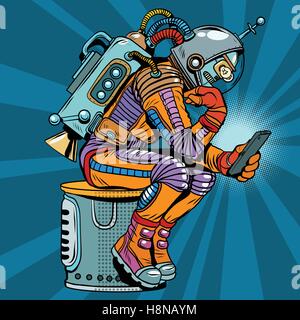 Robot Retro astronaute dans le penseur posent smartphone lit Illustration de Vecteur