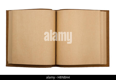 Vue de dessus de l'ordinateur portable en cuir ouvert avec couvercle marron et blanc isolé sur fond blanc Banque D'Images