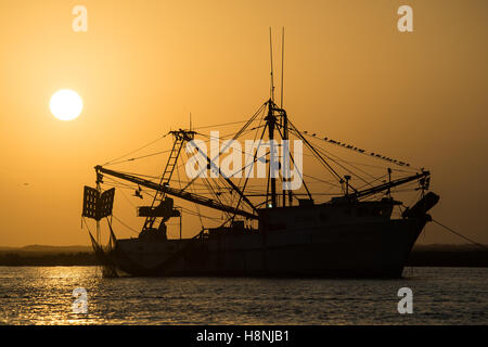 Bateau de crevettes au lever du soleil près de Port Aransas Texas Banque D'Images