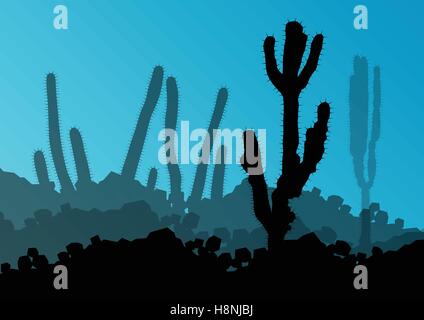 Silhouettes détaillée Cactus désert paysage nature background vector illustration Illustration de Vecteur