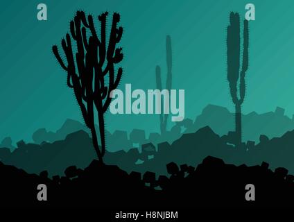 Silhouettes détaillée Cactus désert paysage nature background vector illustration Illustration de Vecteur