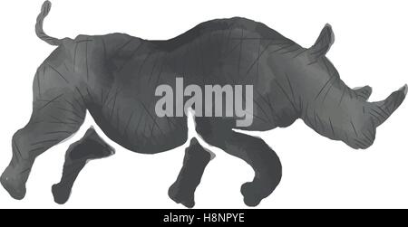 Style aquarelle illustration de la silhouette d'un rhinocéros tournant vue depuis le côté isolé sur fond blanc. Illustration de Vecteur