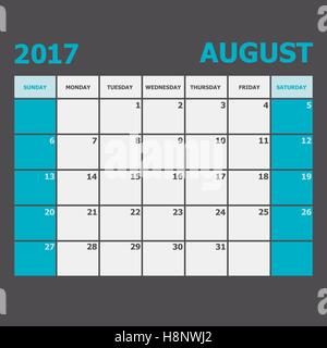 Août 2017 Calendrier semaine commence le dimanche, vecteur d'actions Illustration de Vecteur