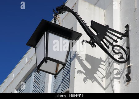 SERPA, PORTUGAL : une lampe de rue en forme de dragon avec son ombre sur une façade blanchie à la chaux Banque D'Images