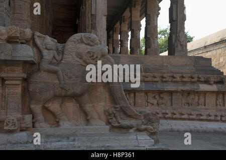 Décoration de balustrade yeli riders, Deivanayaki Amman de culte, à proximité de Temple d'Airavatesvara, Darasuram, Tamil Nadu, Inde. Banque D'Images