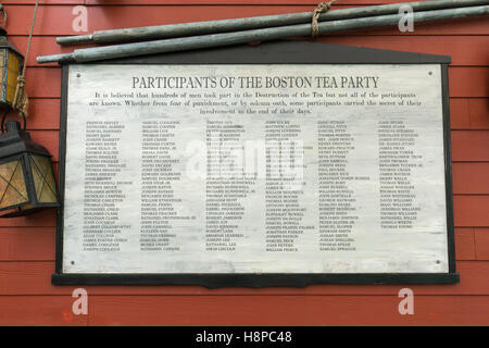 Boston Tea Party Museum. Liste des participants de la Boston Tea Party Banque D'Images