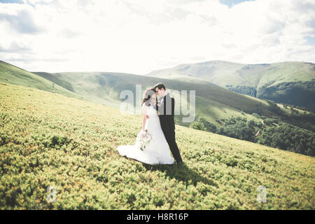 Belle et élégante mariée heureuse fabuleux groom posing sur l'arrière-plan de la magnifique montagne ensoleillée Banque D'Images