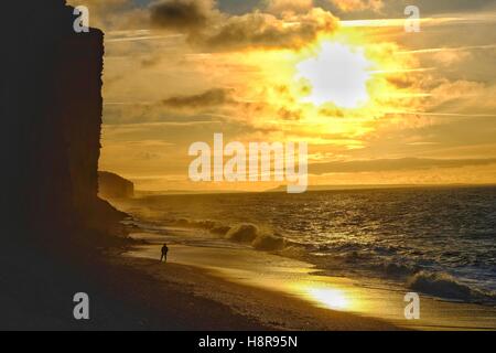 West Bay, Dorset, UK. 16 Nov, 2016. Météo britannique. Un matin tôt dog walker jouit du lever du soleil sur la plage de West Bay sur ce qui promet d'être une journée ensoleillée dans le sud ouest. Crédit : Tom Jura/Alamy Live News Banque D'Images