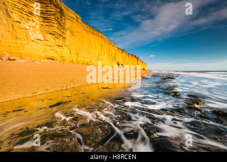 Burton Bradstock, Dorset, UK. 16 Nov, 2016. Météo britannique. Un bel après-midi ensoleillé rend les falaises de grès d'un éclat doré à Burton Bradstock Beach sur la côte jurassique du Dorset, sur une belle après-midi d'automne. L'emblématique golden Cliffs at Burton Bradstock sont belle mais dangereuse, car il y a de nombreux glissements de terrain au cours de l'année qui a conduit à un décès en 2012. Crédit photo : Graham Hunt/Alamy Live News Banque D'Images