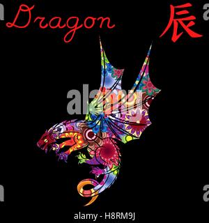 Signe zodiacal chinois Dragon, l'élément fixe de la terre, symbole de la nouvelle année sur le calendrier oriental, hand drawn vector stencil avec colo Illustration de Vecteur