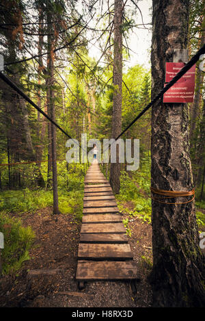 Pont suspendu au parc naturel de Ruchi Oleni (région de Sverdlovsk) Banque D'Images