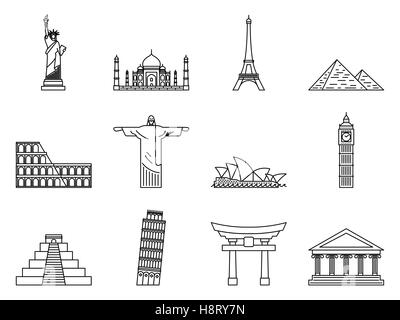 Monument Icons set. Statue de la liberté, Pise, la tour Eiffel, Big Ben, Taj Mahal, le Christ rédempteur, l'Opera House, Piramid, Colosseum Illustration de Vecteur