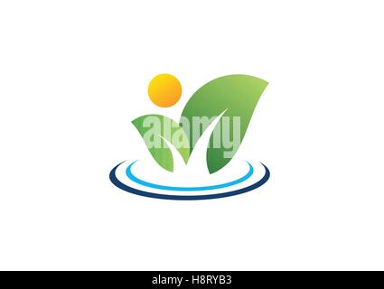Logotype de l'écologie de la nature, les feuilles de l'eau symbole du logo de l'usine, les gens bien-être abstrait vecteur conception icône Illustration de Vecteur