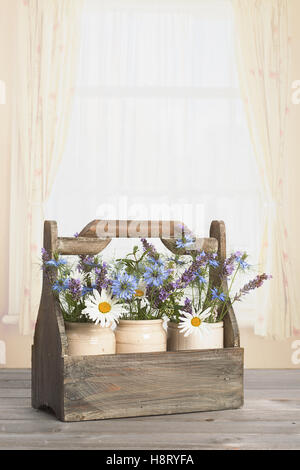 Des fleurs dans des pots en céramique vintage dans la fenêtre Banque D'Images