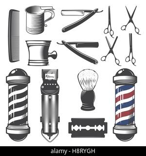 Ensemble d'éléments Vintage Barber Shop isolé sur un fond blanc. Illustration de Vecteur