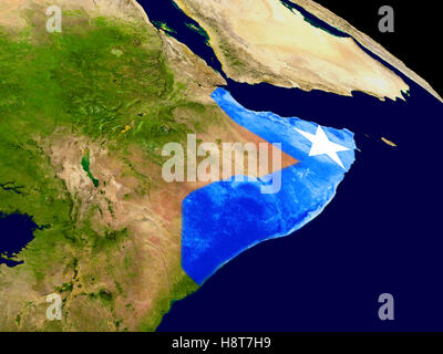 La carte de la Somalie avec des drapeaux sur la surface de la planète. 3D illustration. Éléments de cette image fournie par la NASA. Banque D'Images