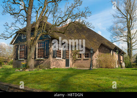 Maison de campagne typiquement hollandais avec de la paille en toiture Giethoorn, Pays-Bas Banque D'Images