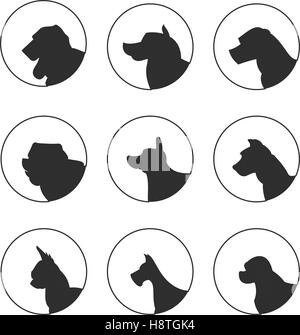 Ensemble de têtes de chiens silhouette. Basset et Chihuahua, chow-chow et grand danois, vector illustration Illustration de Vecteur