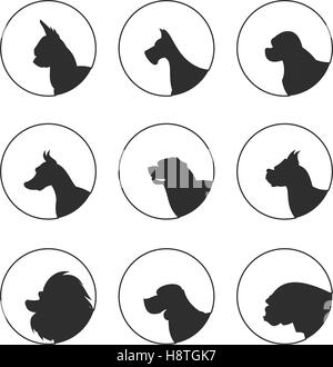 Ensemble de têtes de chiens silhouette. Boxer et Beagle, Bouledogue et Chihuahua, vector illustration Illustration de Vecteur