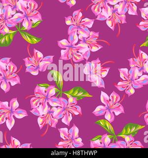 Modèle transparent avec fleurs de rhododendron. Les bourgeons et les feuilles lumineuses Illustration de Vecteur