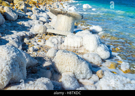 Toutes les pierres et les objets sur la rive de la Mer Morte sont couverts avec les cristaux de sel sec, Ein Gedi, Israël. Banque D'Images