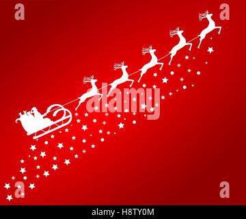 Père Noël en traîneaux dans le renne sur un red backgrou Illustration de Vecteur