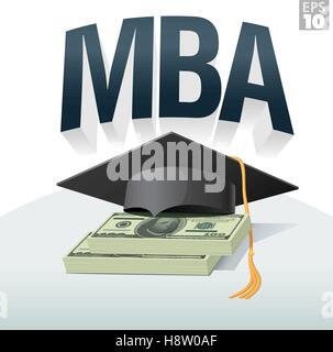 Frais de scolarité ou de MBA avec graduation cap et pile de centaines de dollar bills Illustration de Vecteur