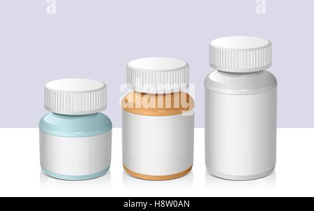 Flacons de médicaments de différentes tailles avec des étiquettes de médicaments Illustration de Vecteur