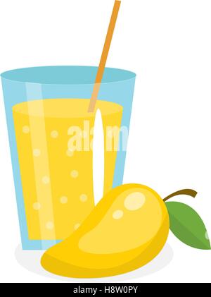 Dans un verre de jus de mangue. Produits frais isolé sur fond blanc. les fruits et l'icône. Verre jaune cocktail. Vector illustration Illustration de Vecteur