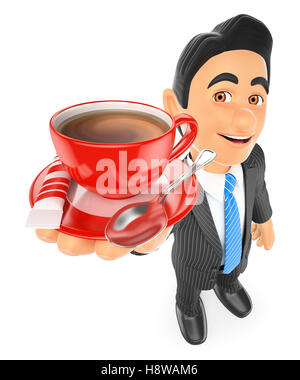 Les gens d'affaires 3d illustration. Businessman de boire une tasse de café avec du lait. Isolé sur fond blanc. Banque D'Images