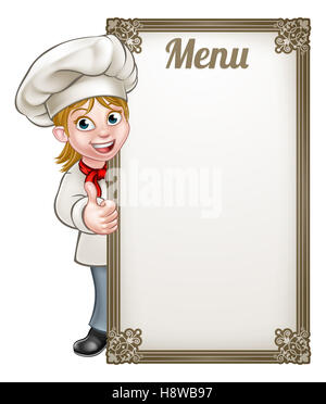 Cartoon female woman chef ou caractère baker giving Thumbs up avec panneau de menu Banque D'Images