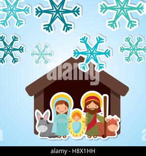 Sainte famille crèche sur fond de scène d'hiver avec des flocons icône. joyeux noël design coloré. vector illustration Illustration de Vecteur