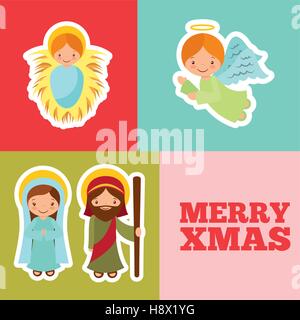 Caractères de la sainte famille et un ange à l'intérieur de carrés colorés. joyeux noël card design coloré. vector illustration Illustration de Vecteur