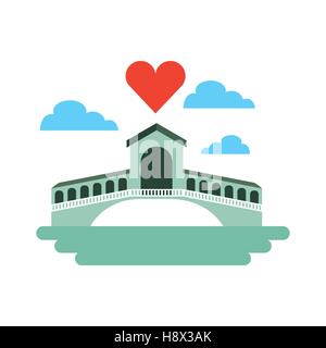 Pont vénitien typique avec icône de cœur sur fond blanc. design coloré. vector illustration Illustration de Vecteur