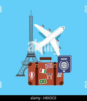 L'icône avion avec valise Voyage et Tour eiffel icônes sur fond bleu. design coloré. vector illustration Illustration de Vecteur