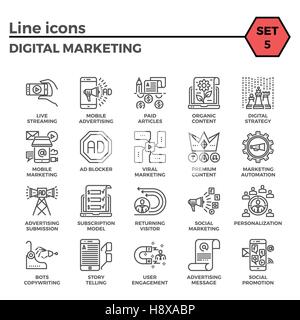 Marketing numérique Fine Ligne Related Icons Set sur fond blanc. Pictogramme linéaire mono simple course Pack Logo Vector Concept pour les graphiques Web. Illustration de Vecteur